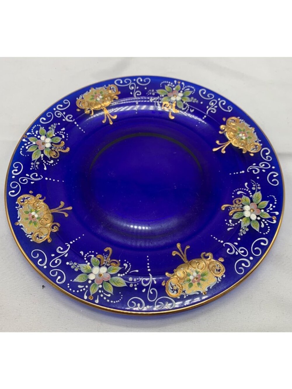 Salviati Italian Murano Cobalt Blue Glass Hand Painted Gold Floral Plate